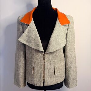 Authentic 01P CHANEL Light Green Blazer, Dark Orange Lambskin Leather Collar